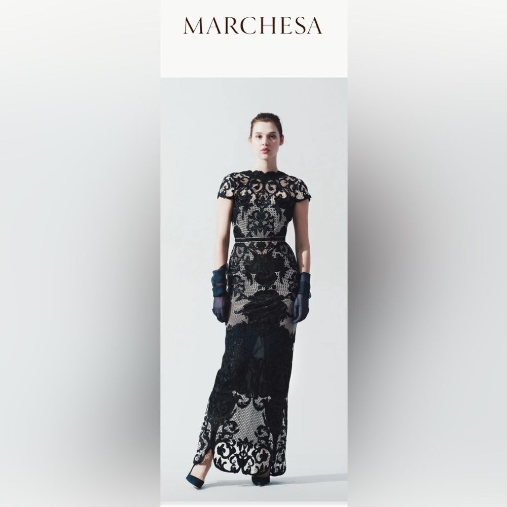 NWT Marchesa Black and Cream Lace Maxi Dress, US4